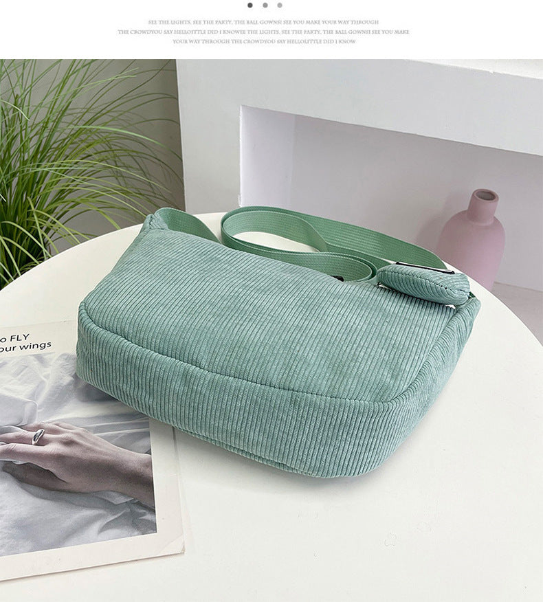 Black Minimalist Corduroy Crossbody Bag – Large Capacity Single Shoulder & Diagonal Sling Bag in Korean Style