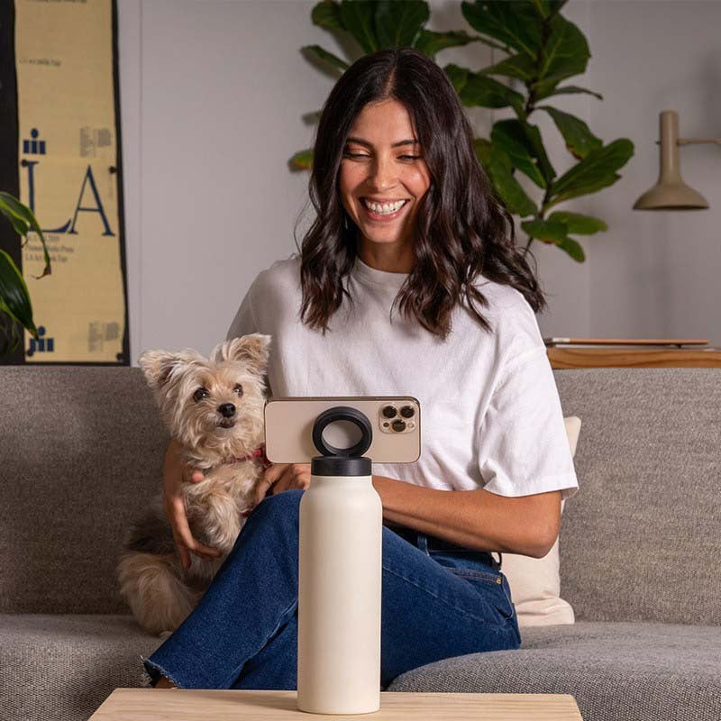 Black 24oz Stainless Steel Insulated Water Bottle With 90° Adjustable Vertical/Horizontal Magnetic Phone Holder - Ringo Style Magnetic Lid Sport Flask