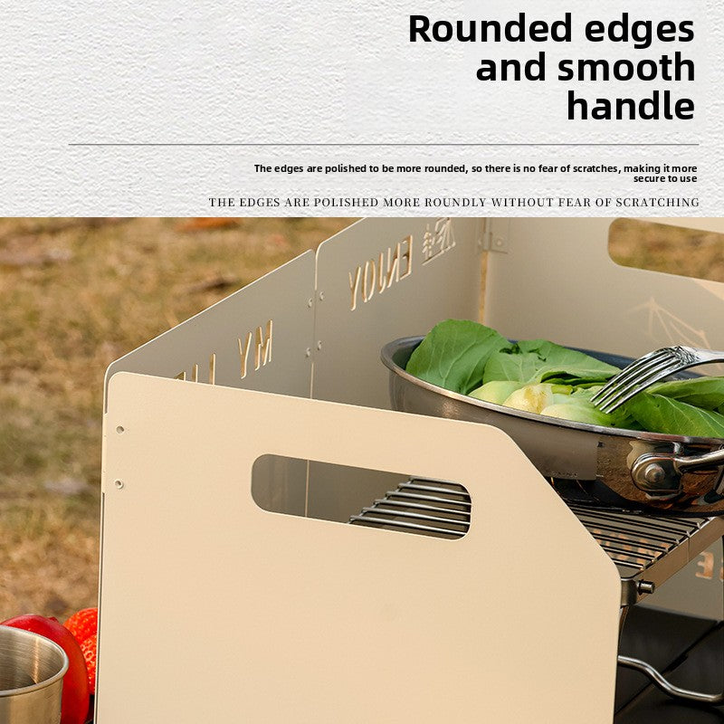 Black Heavy-Duty 4-Fold Camping Stove Windshield Portable Steel Wind Deflector for Outdoor Cooking and Picnics with Storage Bag