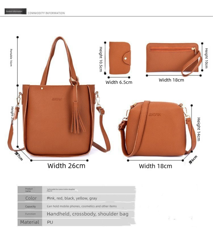 Black 4-Piece Women Bag Set Lychee Grain PU Leather Large Capacity Tote Shoulder Bag Crossbody Clutch and Card Holder for Daily Travel and Work Use