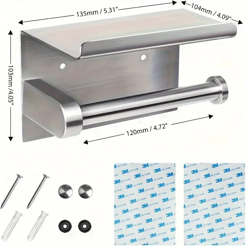 1pc Toilet Paper Holder with Shelf, Bathroom Tissue Storage Rack, Wall-Mounted Paper Towel Dispenser, Stainless Steel Bathroom Paper Holder, Bathroom Accessory(Black)