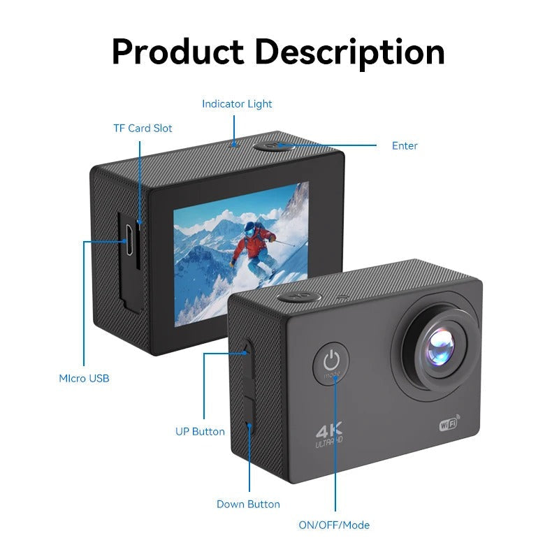 4K Sports Action Camera with WiFi Mini Cam Black
