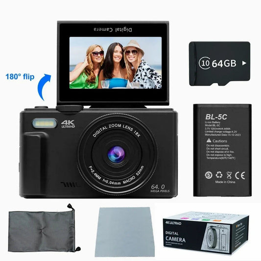 4K Digital Camera for Photography 64MP Vlogging Black