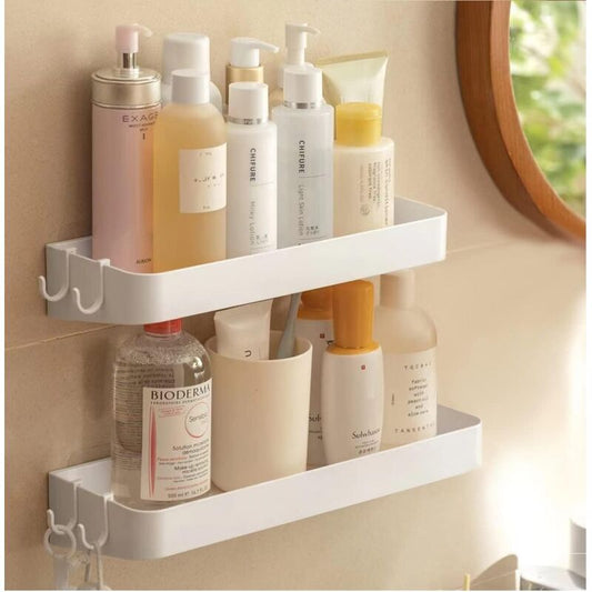 White Set of 2 Shower Shelves with 6 Removable Hooks, No Drilling Required for Bathroom and Kitchen