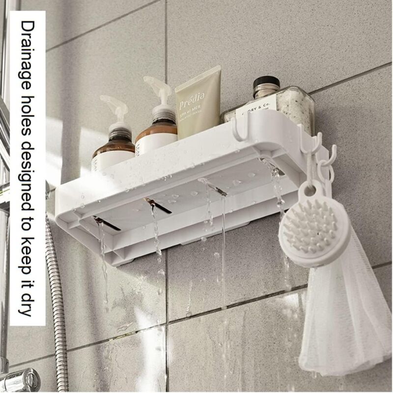 White Set of 2 Shower Shelves with 6 Removable Hooks, No Drilling Required for Bathroom and Kitchen