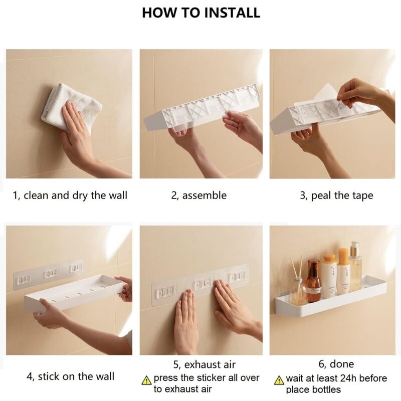 White Set of 2 Shower Shelves with 6 Removable Hooks, No Drilling Required for Bathroom and Kitchen