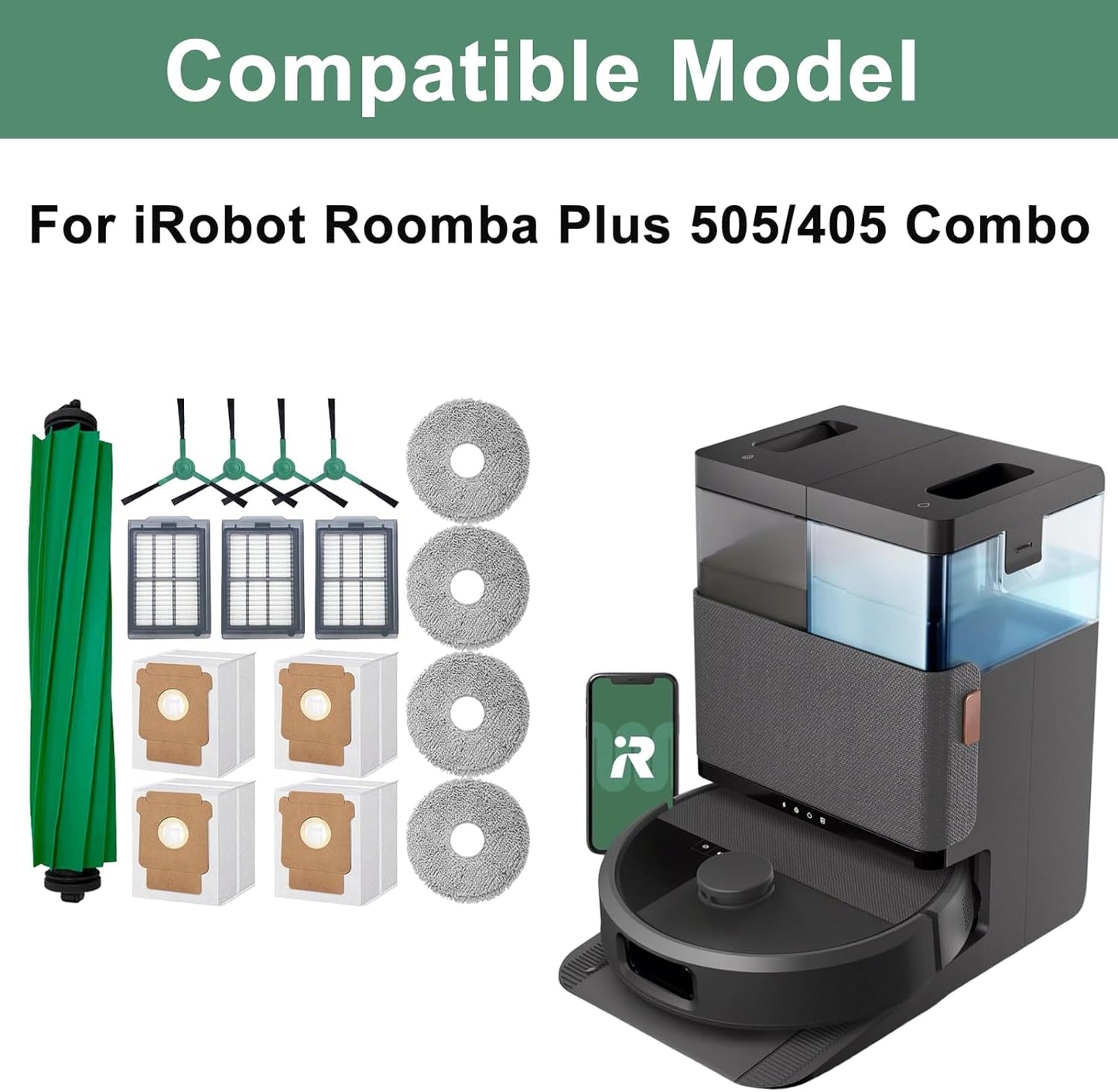 16-Piece Replacement Parts Kit for IRobot Roomba 505/405 Combo Robot Vacuum Cleaner, Main Brush ×1, Side Brushes ×4, HEPA Filters ×3, Cleaning Cloths ×4, Dust Bags ×4