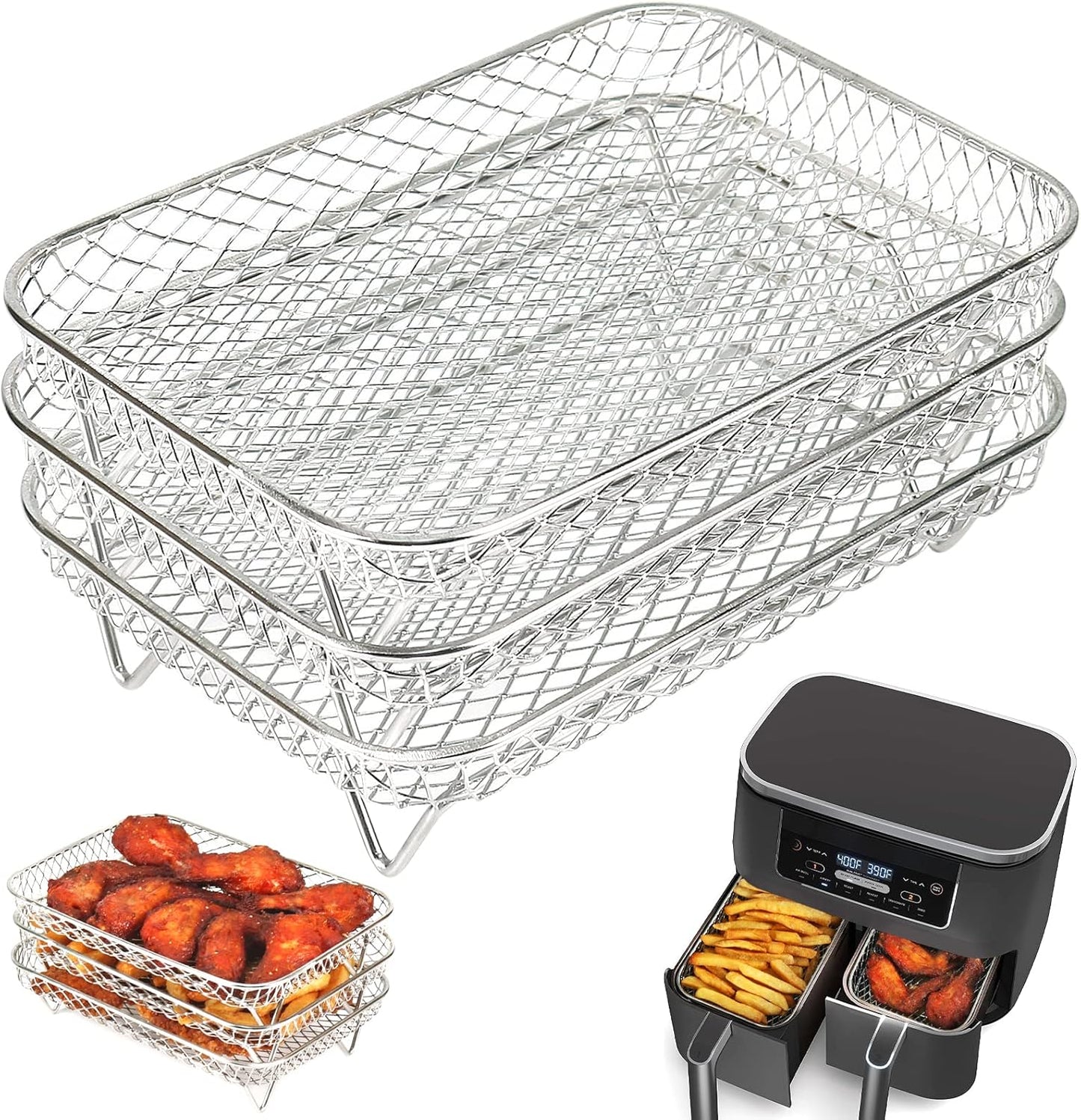 Air Fryer Rack for Ninja Dual Airfryer, 3pcs Stackable Stainless Steel Dehydrator Rack, Rectangle Double Air Fryer Accessories, Ninja Dual Airfryer Accessories
