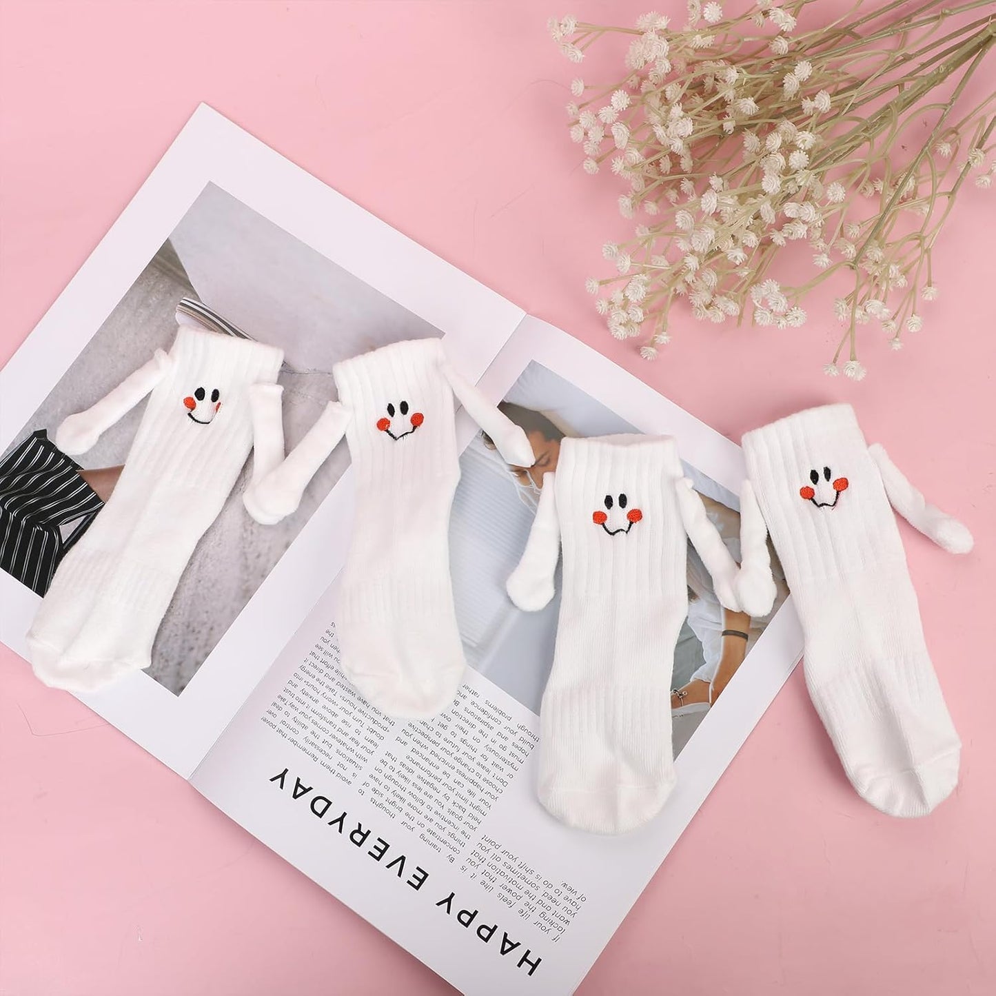 2 Pairs Hand Holding Socks for Kids, Funny Magnetic Mid-Tube Socks White Smile Face Matching Crazy Silly Slipper Socks Magnet Friendship Birthday Gift for Children Toddler (1-3T)