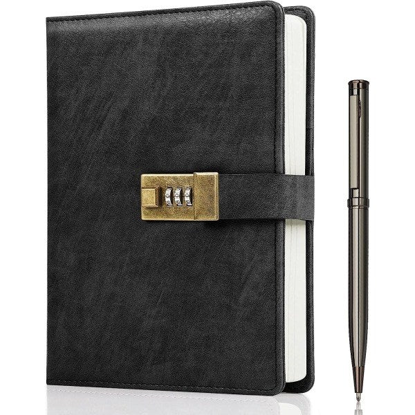 Vintage Lock Diary with Password Protection, A5 PU Leather Journal, 22 x 14.7 cm, 240 Pages, Includes Pen and Gift Box