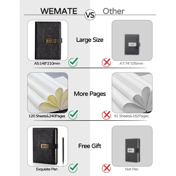 Vintage Lock Diary with Password Protection, A5 PU Leather Journal, 22 x 14.7 cm, 240 Pages, Includes Pen and Gift Box