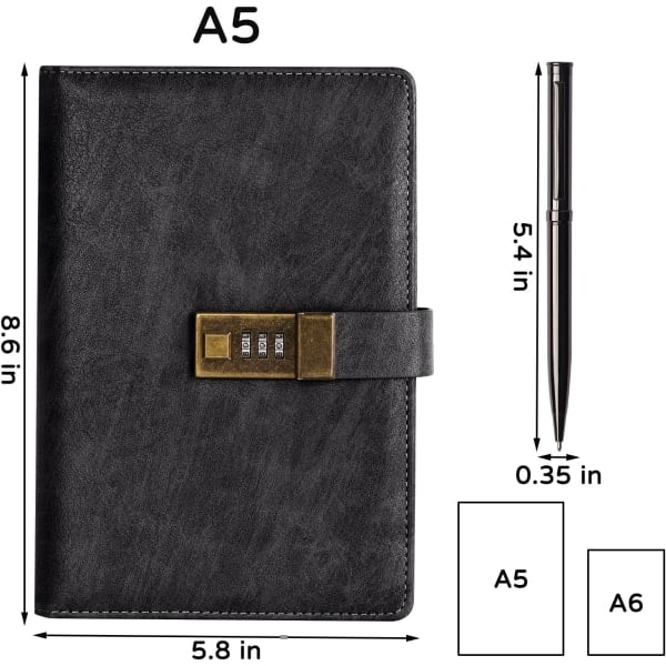 Vintage Lock Diary with Password Protection, A5 PU Leather Journal, 22 x 14.7 cm, 240 Pages, Includes Pen and Gift Box