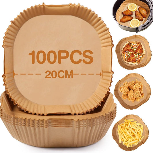 Airfryer Paper (100 sheets) - Airfryer Paper Mat 20 cm - Non-stick Airfryer Paper - Baking Mat - BPA-free - Suitable for 3-6 litre ovens - Baking Tray - Microwave-safe (square)