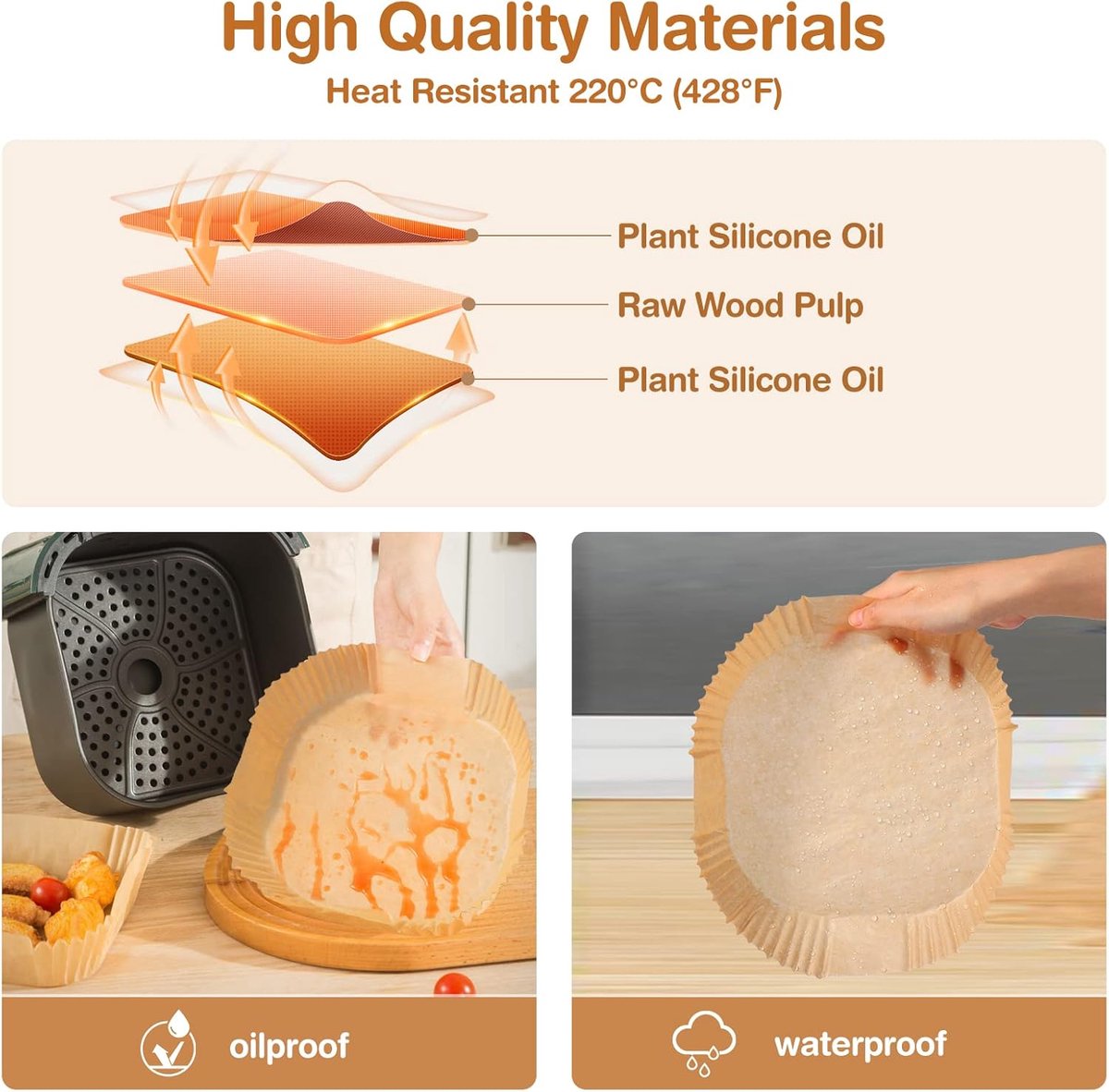 Airfryer Paper (100 sheets) - Airfryer Paper Mat 20 cm - Non-stick Airfryer Paper - Baking Mat - BPA-free - Suitable for 3-6 litre ovens - Baking Tray - Microwave-safe (square)