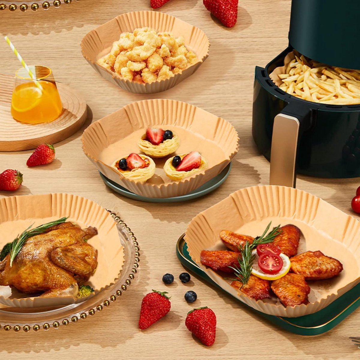 Airfryer Paper (100 sheets) - Airfryer Paper Mat 20 cm - Non-stick Airfryer Paper - Baking Mat - BPA-free - Suitable for 3-6 litre ovens - Baking Tray - Microwave-safe (square)