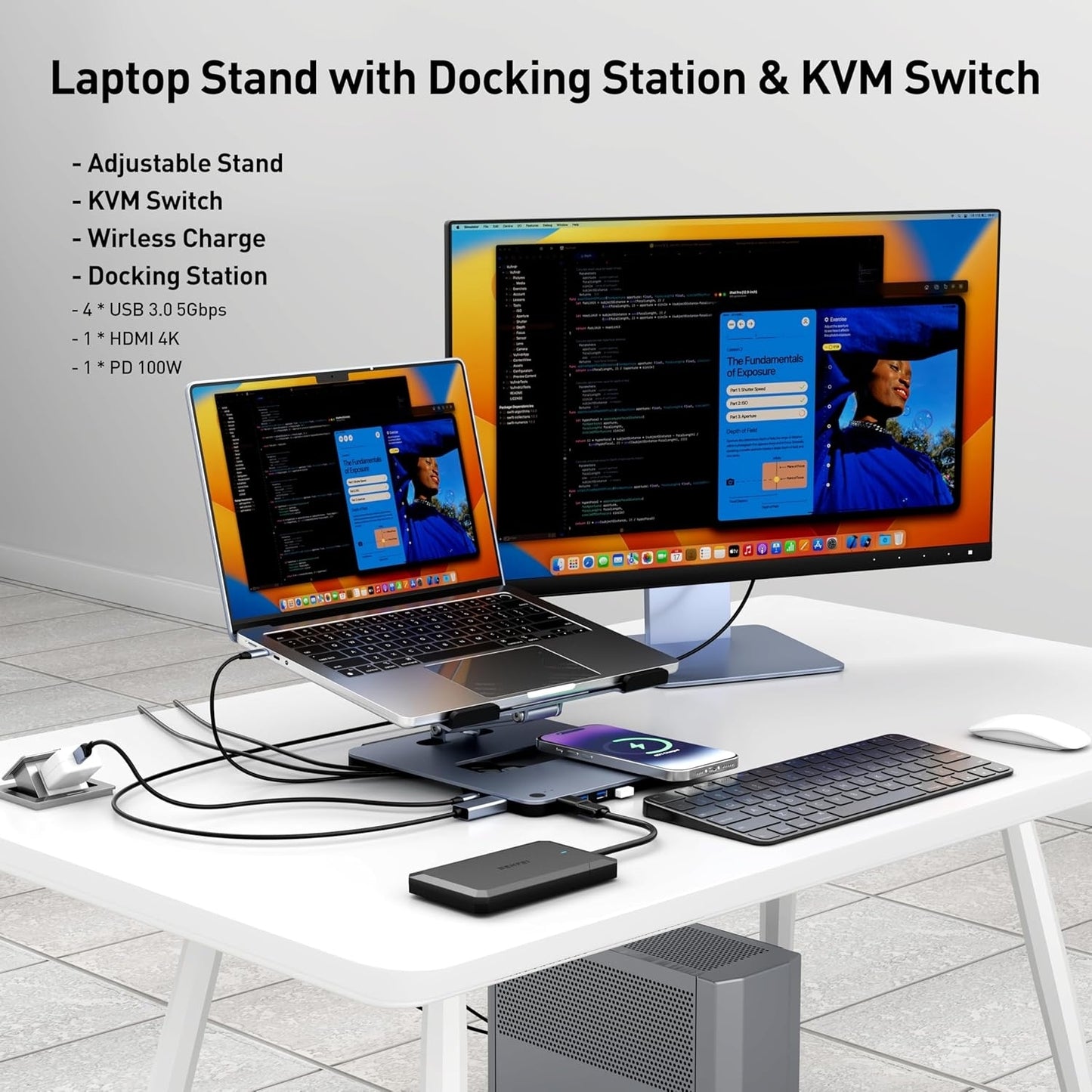 BENFEI 000366GY Laptop Stand with USB C Hub, Multi Function With USB and KVM Switch and 15W Wireless Charger