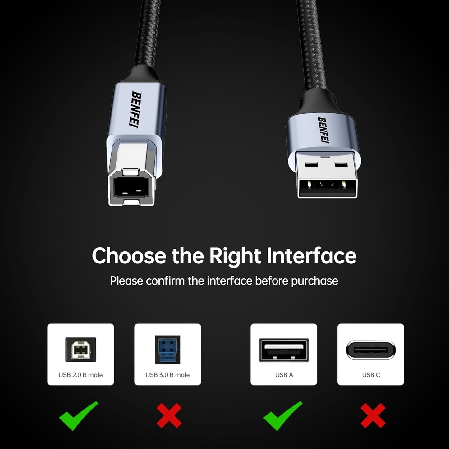 BENFEI 000406GY-2M USB Printer Cable, 6.6 FT/2 Meter USB A to USB B Cable