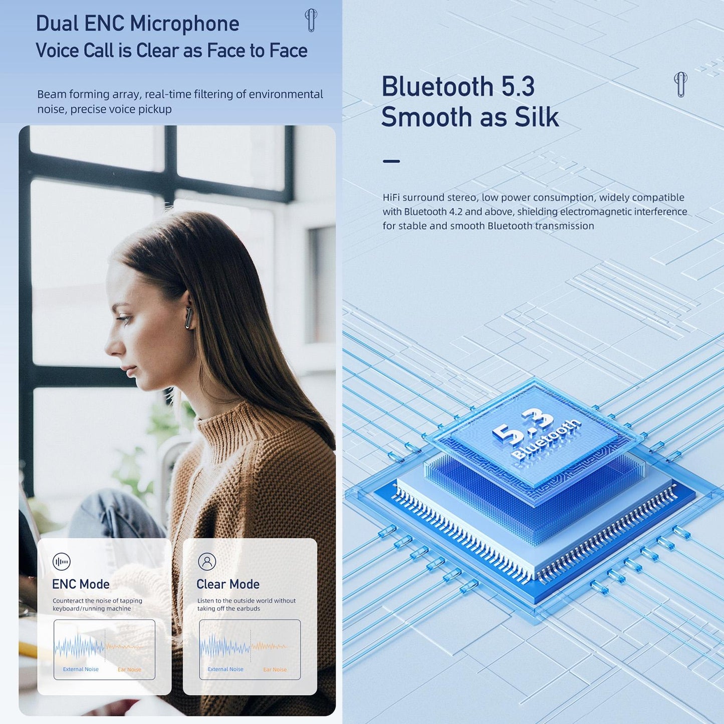 Wireless Noise-cancelling Earbuds - T66 - Black