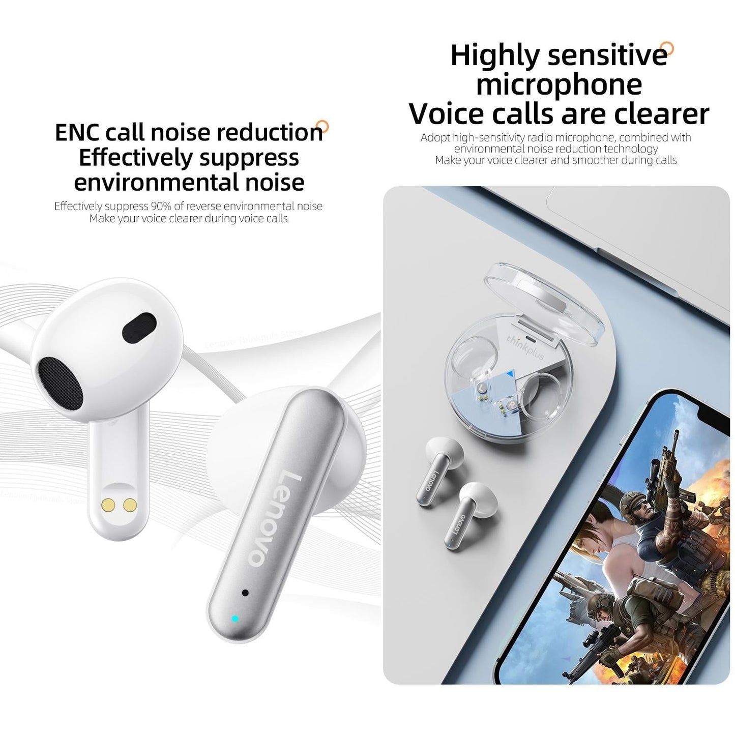 Wireless Bluetooth 5.2 Earbuds with Noise Reduction and Mic - White