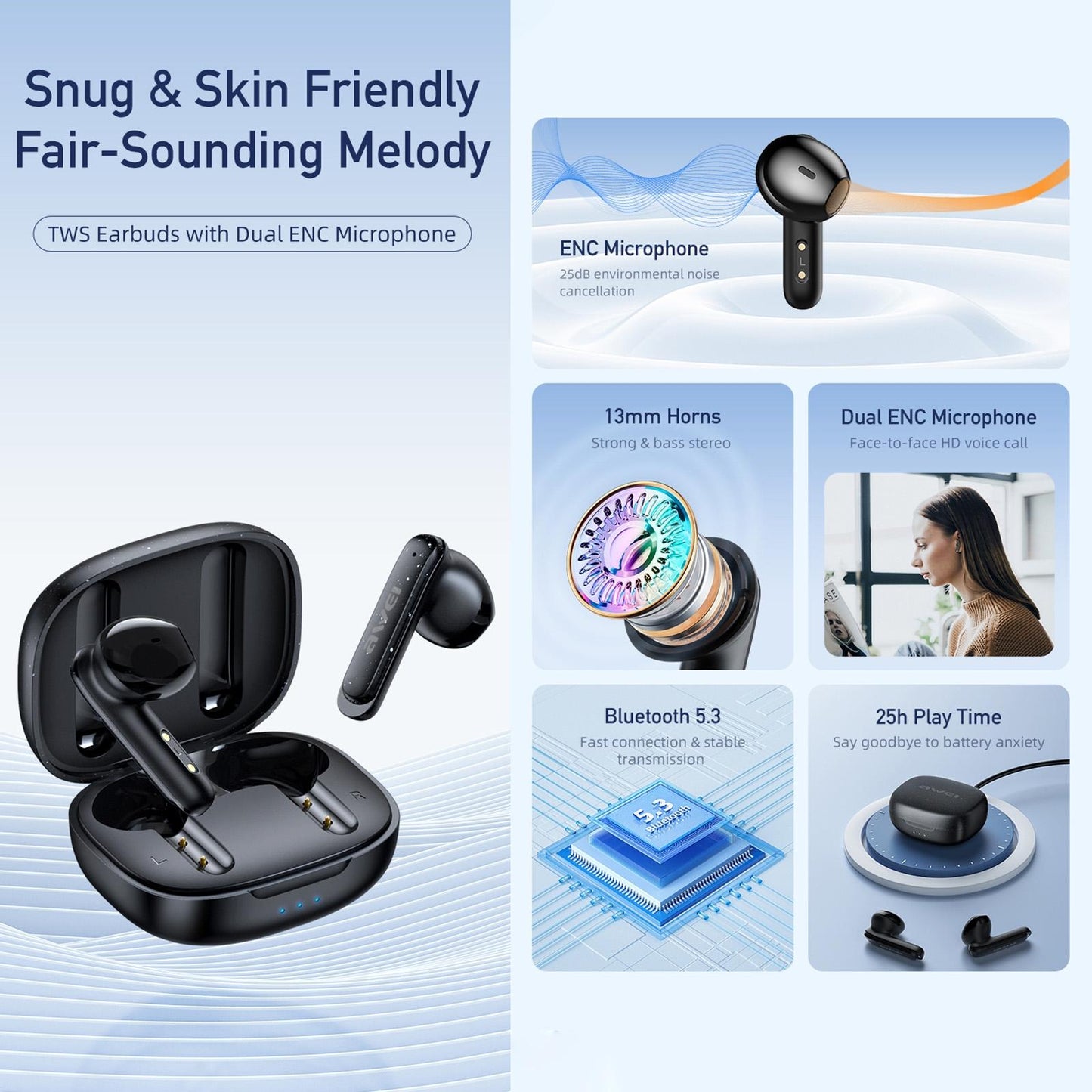 Wireless Noise-cancelling Earbuds - T66 - Dark Blue