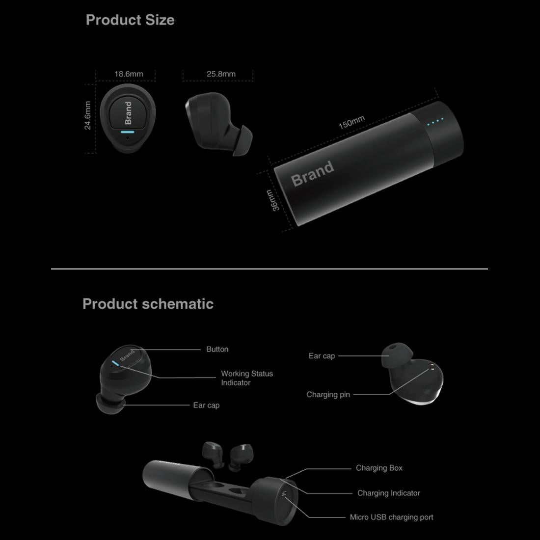 Waterproof Wireless Earbuds with Noise Cancelling and Charging Case - Black