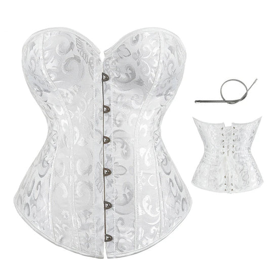 Strapless Victorian Overbust Corset 12 Spiral Steel Boned Jacquard Brocade Plus Size Xs-Xxl - White - L