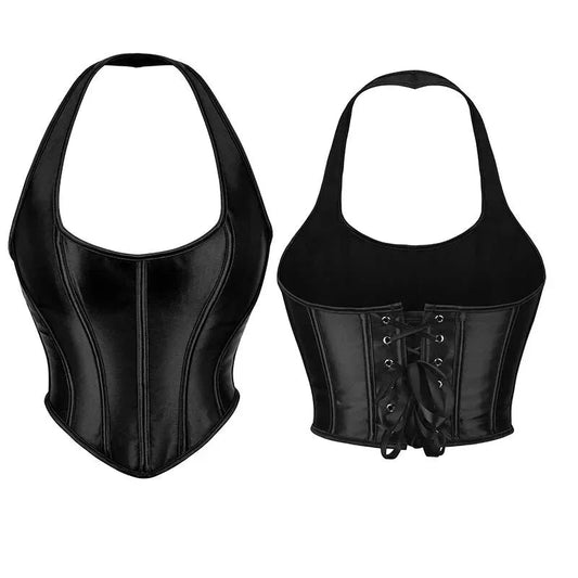Black Gothic Corset Top Plus Size Slimming Bustier With Halter-Strap And Satin Material - Xxl