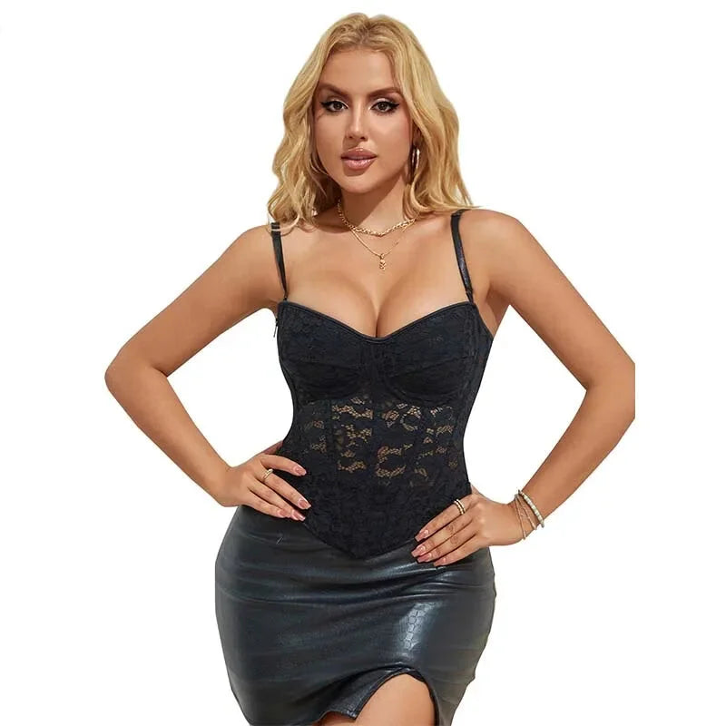 Xs-Xxl Spaghetti Strap Lace Mesh Lingerie With Padded Cups Plus Size Bustier - M