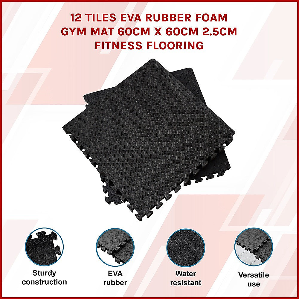 12 Tiles EVA Rubber Foam Gym Mat 60x60cm – 2.5cm Thick Fitness Flooring Set