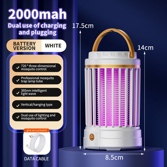 USB Rechargeable White Portable 3-in-1 Electric Mosquito Zapper Lamp - UV Bug Killer, Warm Night Light & Bright Lantern