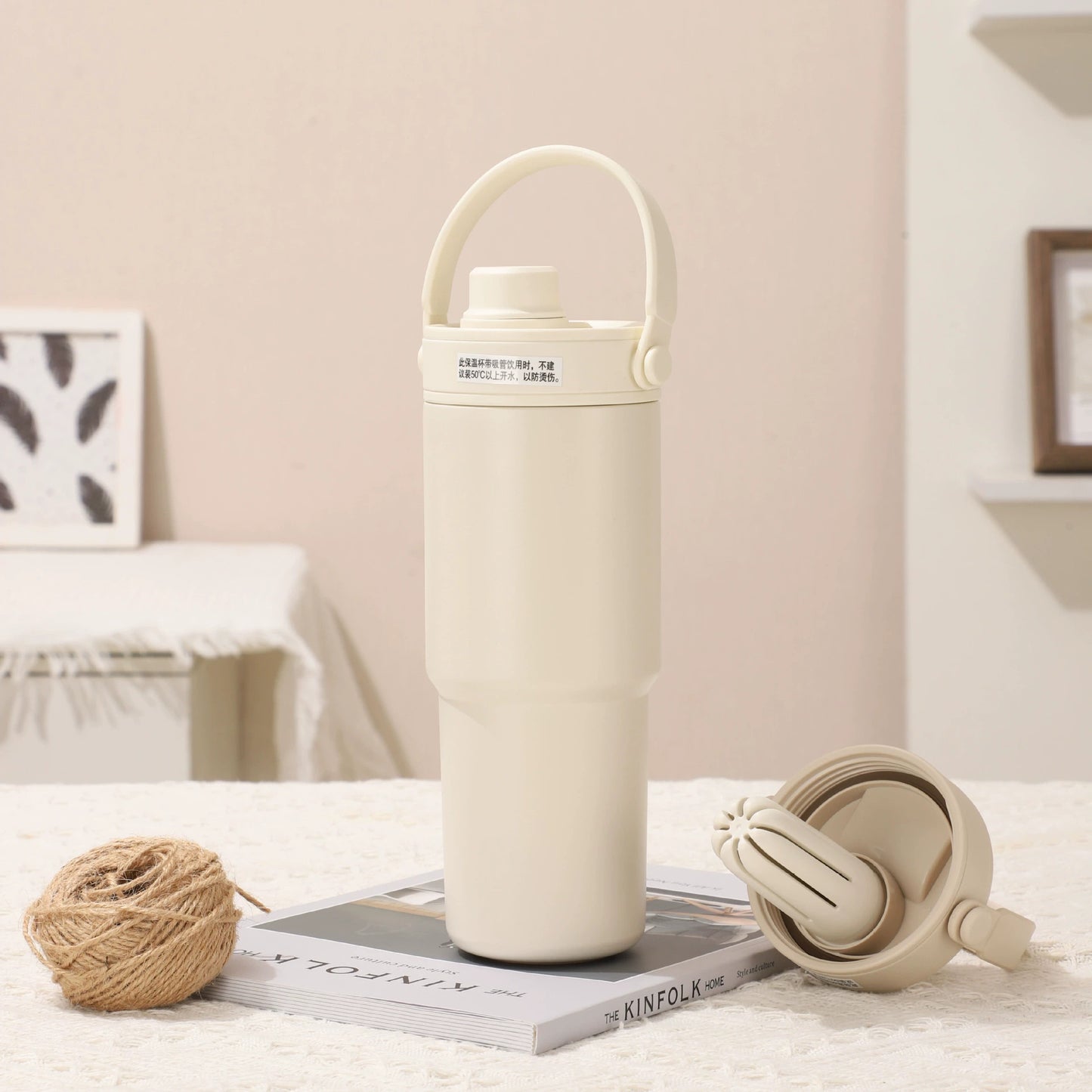 White 30oz Ceramic-Lined Insulated Tumbler with Handle, 735ml Stainless Steel Travel Mug