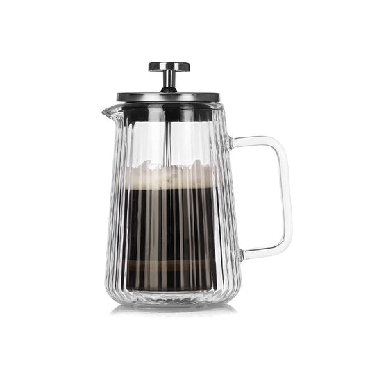 Transparent Elegant Ribbed Double Wall Glass French Press - 350ml Heat Resistant Coffee and Tea Maker with Stainless Steel Filter
