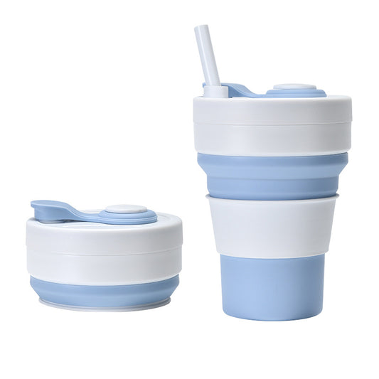 2 Pcs White and Blue 350ml Collapsible Silicone Travel Cup - Portable, Leak-Proof & Food-Grade Drinking Mug with Lid, Insulating Sleeve & Straw