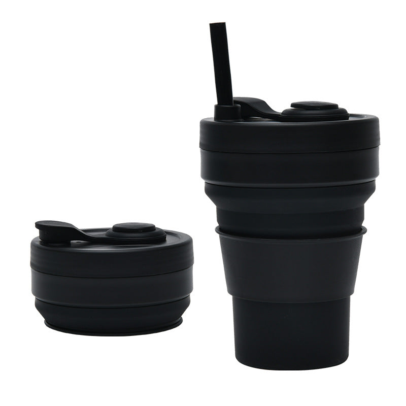 2 Pcs Black 350ml Collapsible Silicone Travel Cup - Portable, Leak-Proof & Food-Grade Drinking Mug with Lid, Insulating Sleeve & Straw