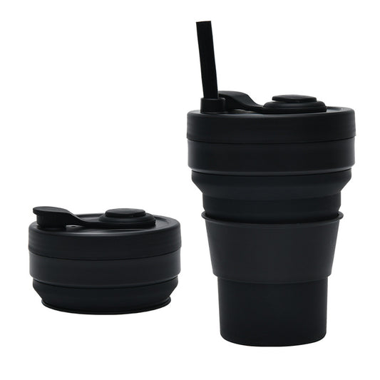 2 Pcs Black 350ml Collapsible Silicone Travel Cup - Portable, Leak-Proof & Food-Grade Drinking Mug with Lid, Insulating Sleeve & Straw