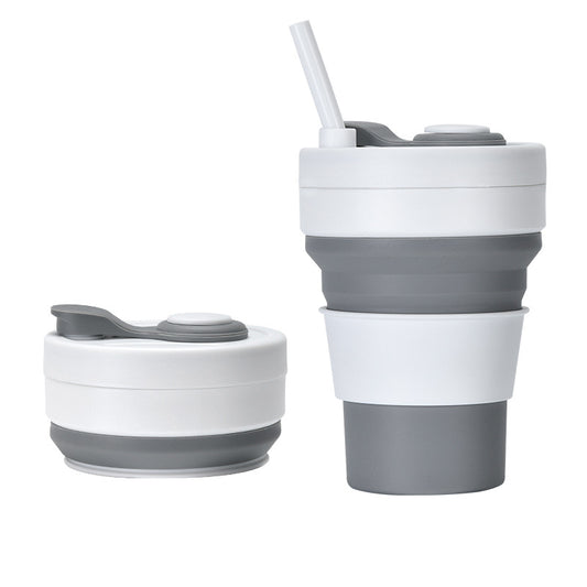 2 Pcs White and Grey 350ml Collapsible Silicone Travel Cup - Portable, Leak-Proof & Food-Grade Drinking Mug with Lid, Insulating Sleeve & Straw