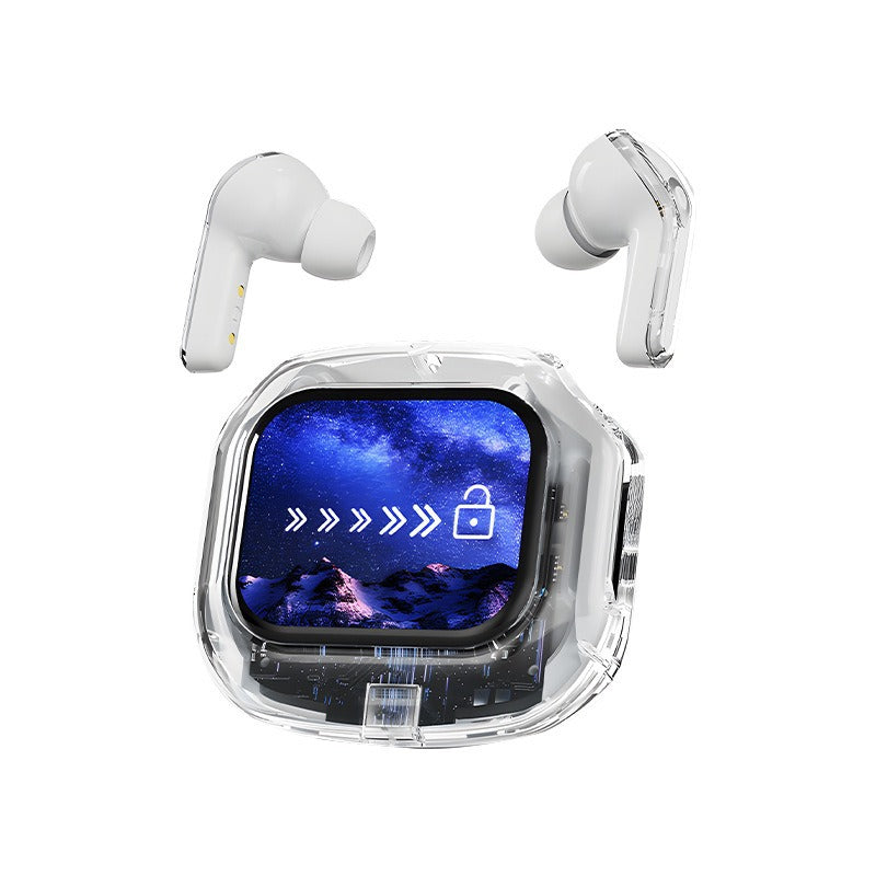 White Smart TWS Earbuds with Full-Color LCD Touchscreen Case - Bluetooth 5.4, HiFi Stereo & ENC Noise Cancelling