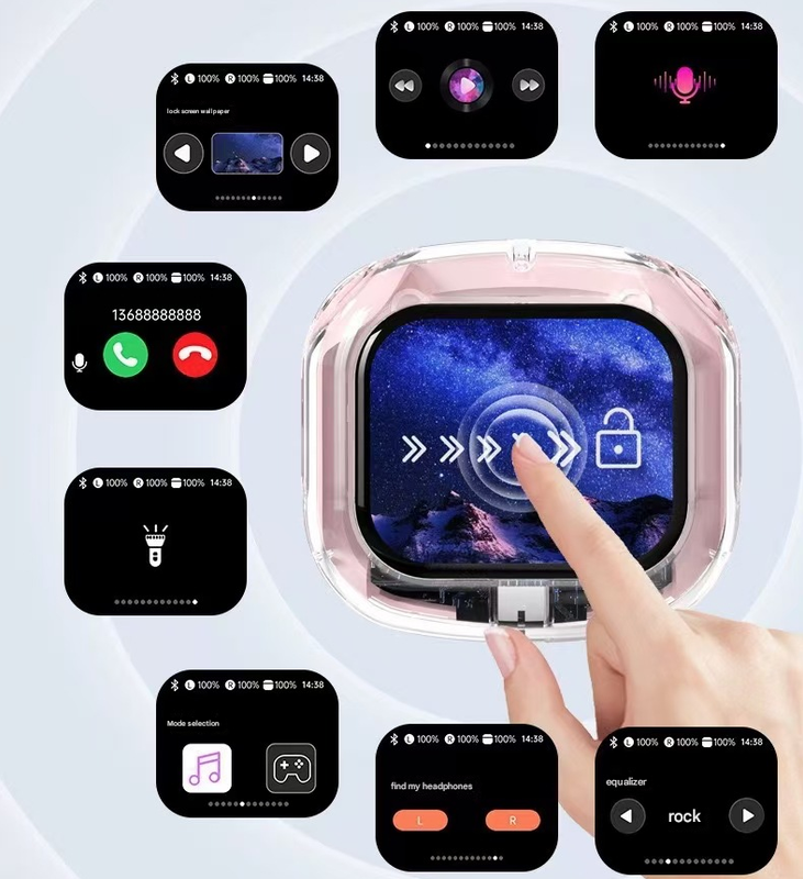 White Smart TWS Earbuds with Full-Color LCD Touchscreen Case - Bluetooth 5.4, HiFi Stereo & ENC Noise Cancelling