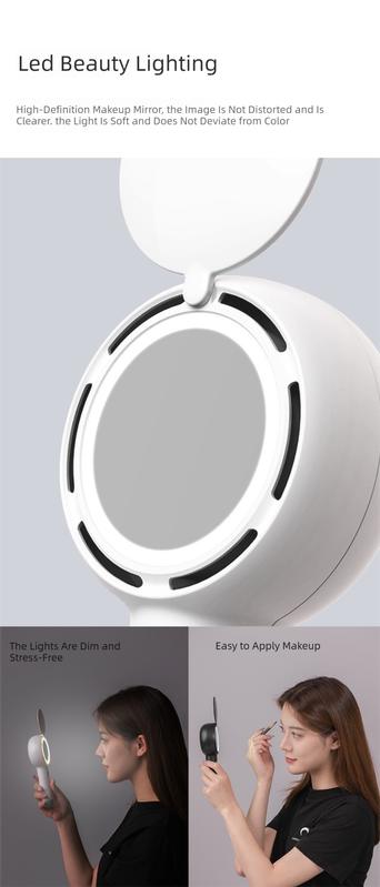 White 2-in-1 Handheld Fan with LED Makeup Mirror - Portable USB Rechargeable Beauty Light Fan with Desktop Base - 3 Speed Quiet Airflow for Travel & Summer