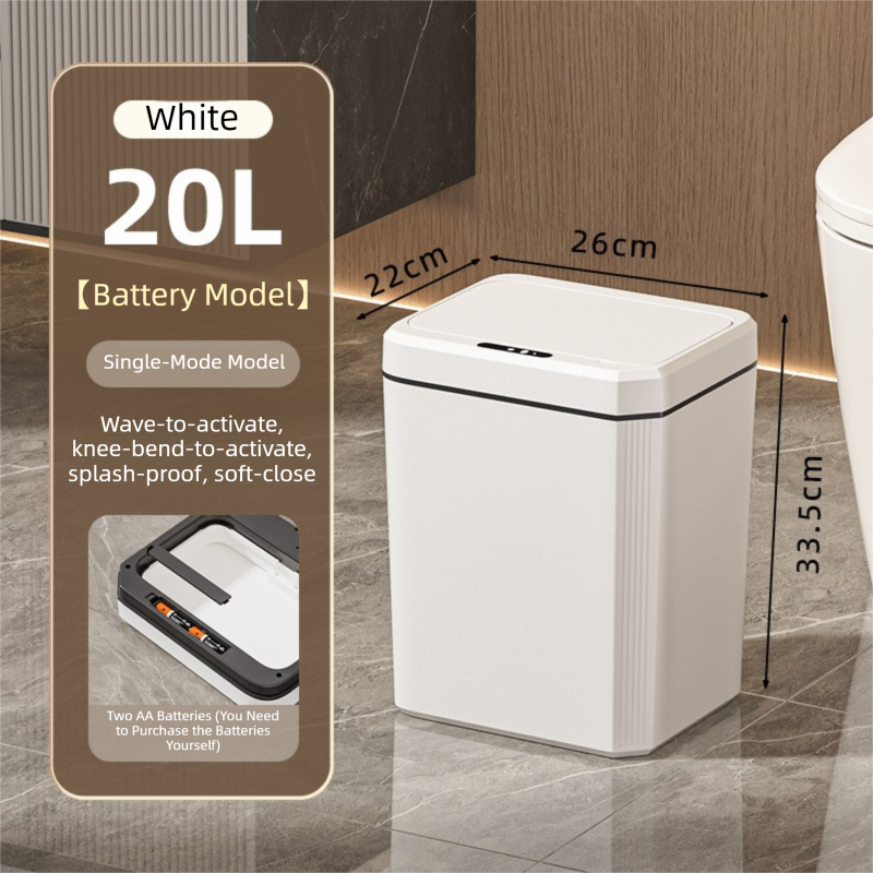 White Smart Sensor Trash Can – 20L Capacity, Touch-Free Operation with Odor-Blocking & Waterproof Design