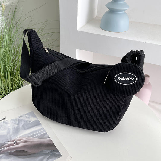 Black Minimalist Corduroy Crossbody Bag – Large Capacity Single Shoulder & Diagonal Sling Bag in Korean Style