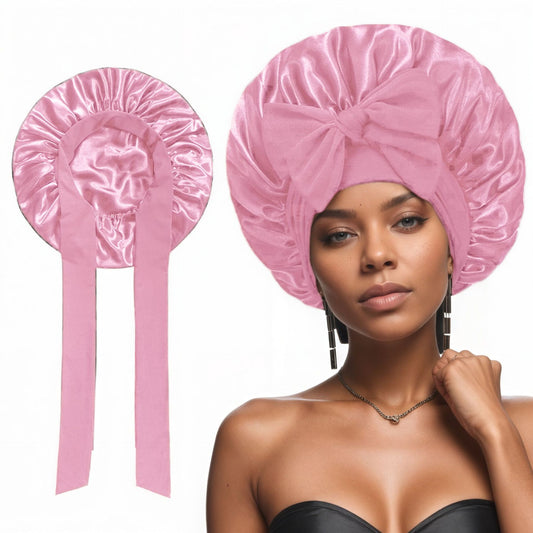 2 Pcs Pink Double-Layer Satin Hair Cap with Ribbon Bow – Premium Silk-Like Beauty & Hair Protection Hat