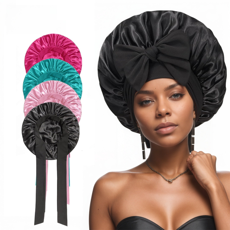 2 Pcs Pink Double-Layer Satin Hair Cap with Ribbon Bow – Premium Silk-Like Beauty & Hair Protection Hat