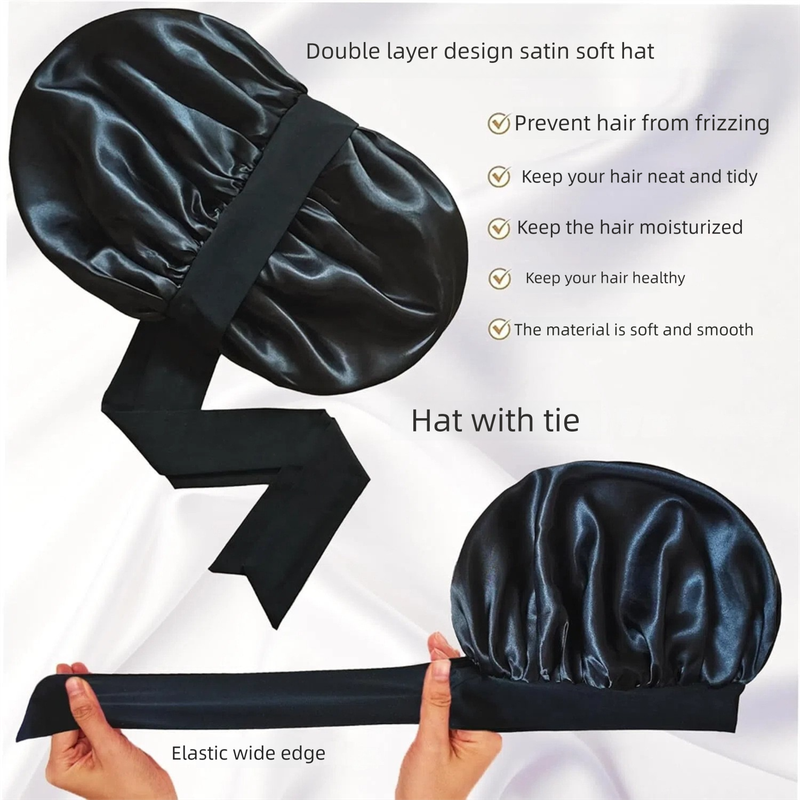 2 Pcs Pink Double-Layer Satin Hair Cap with Ribbon Bow – Premium Silk-Like Beauty & Hair Protection Hat