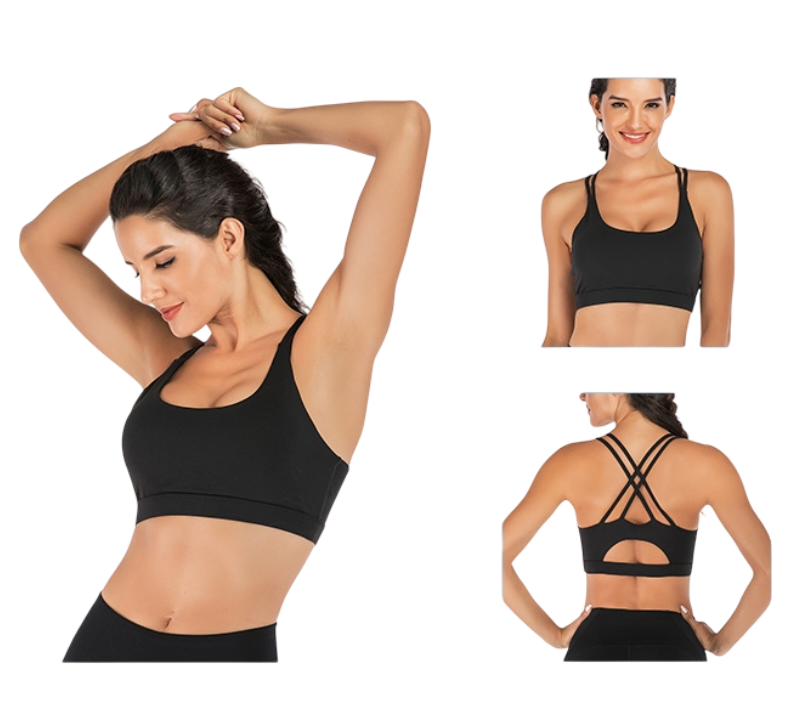 XL Size Black Elegant Sexy Criss-Cross Back Sports Bra for Women - High Support & Anti-Shock, Wire-Free Yoga Crop Top with X-Shape Fine Strap