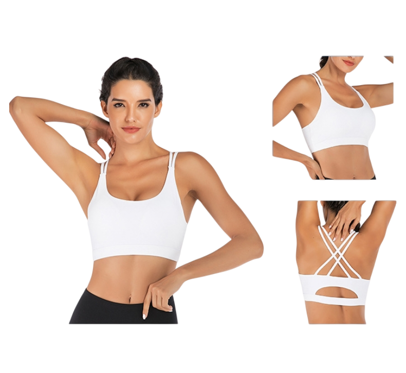 XXL Size White Elegant Sexy Criss-Cross Back Sports Bra for Women - High Support & Anti-Shock, Wire-Free Yoga Crop Top with X-Shape Fine Strap