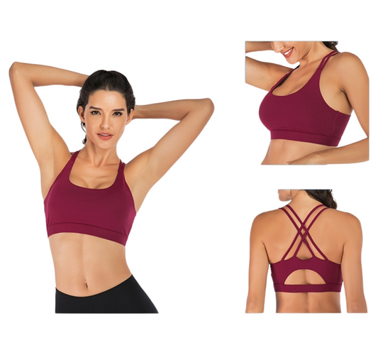 XXL Size Wine Red Elegant Sexy Criss-Cross Back Sports Bra for Women - High Support & Anti-Shock, Wire-Free Yoga Crop Top with X-Shape Fine Strap