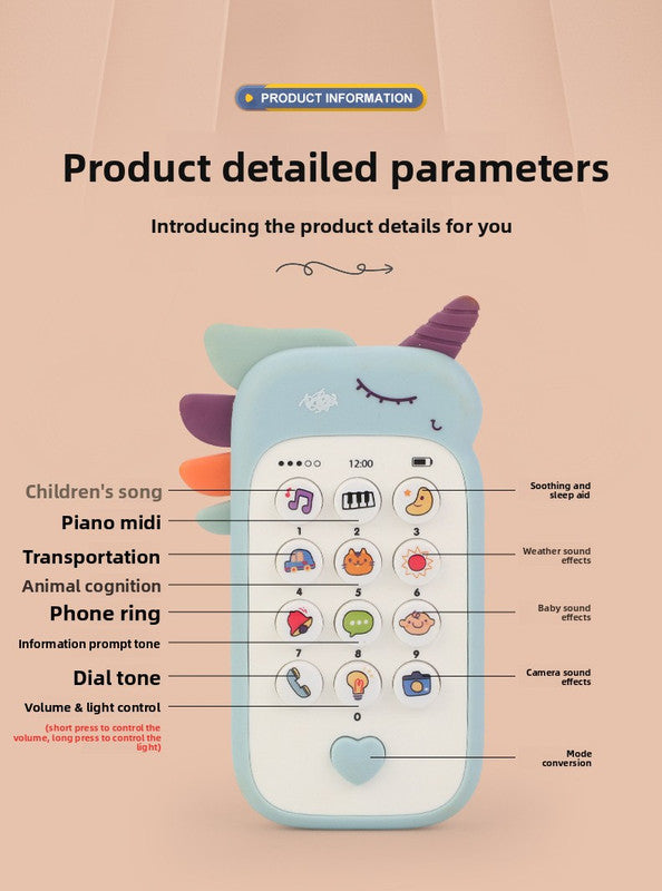 Unicorn Baby Toy Phone Music & Light Learning Mobile Teether for Toddlers Interactive English Educational Gift Blue