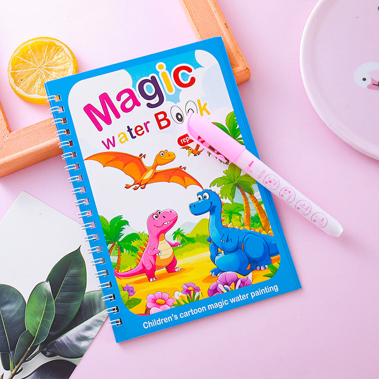 2 PCS Magic Water Colouring Book Reusable Mess Free Painting Set Dinosaur and Flamingo Themes with Refillable Water Pens for Kids Travel Activity and Educational Art