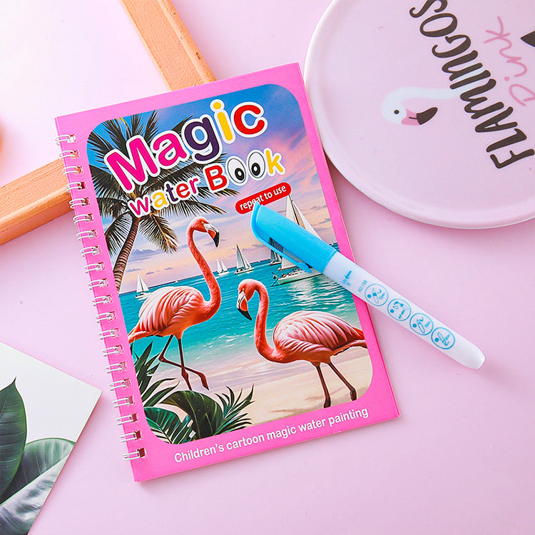 2 PCS Magic Water Colouring Book Reusable Mess Free Painting Set Dinosaur and Flamingo Themes with Refillable Water Pens for Kids Travel Activity and Educational Art